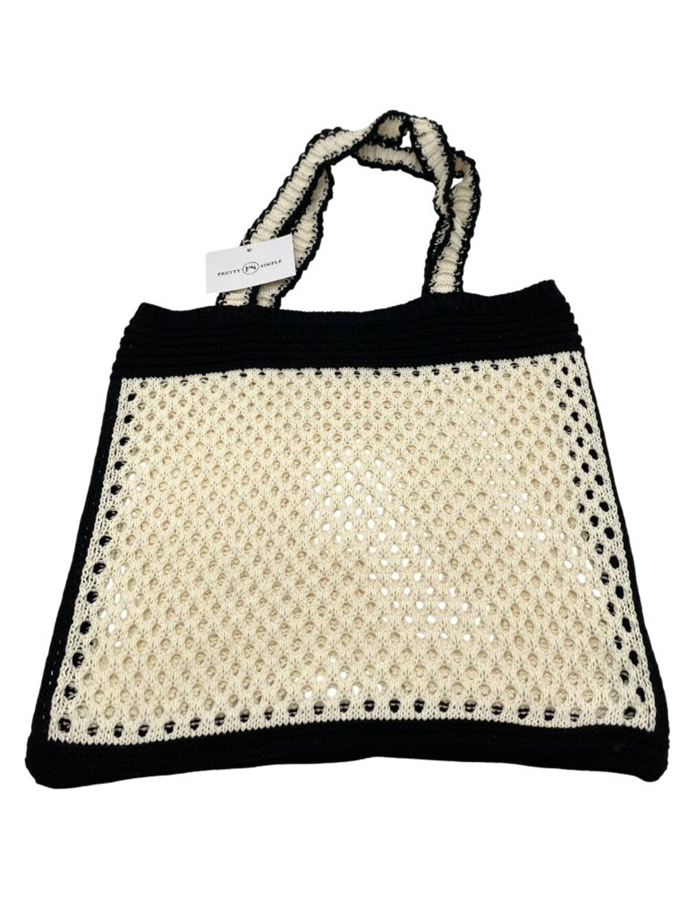 NWT Pretty Simple Black Cream Crochet Tote Bag Open Weave Double Straps Purse